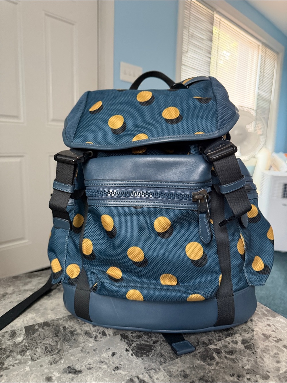 Coach Blue Backpack with Yellow Polka Dots